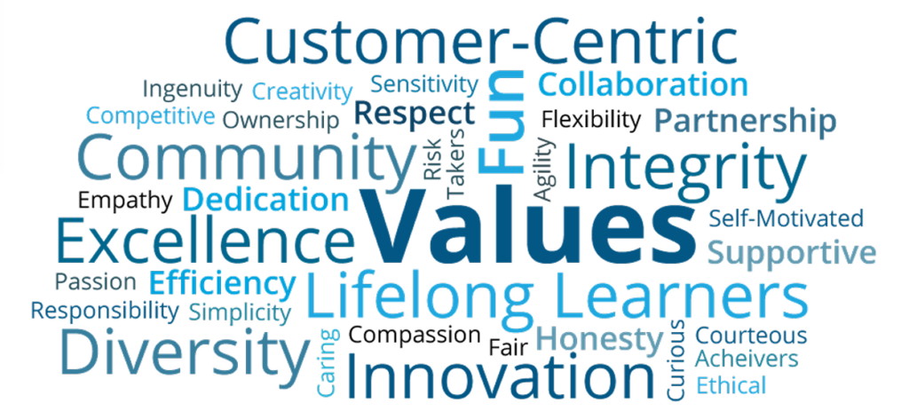 word cloud of the values listed in the values section