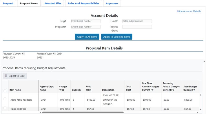 Department Screen: Provide Accounting Information Screen