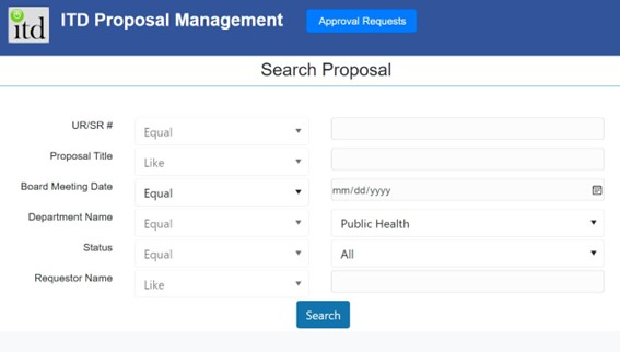 Search Proposals Screen for Departments