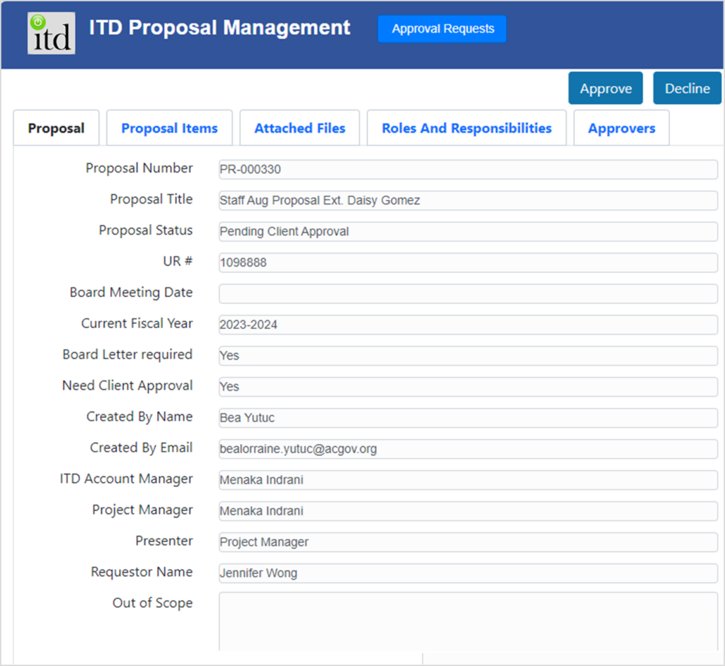 View/Approve Proposal Screen for Departments