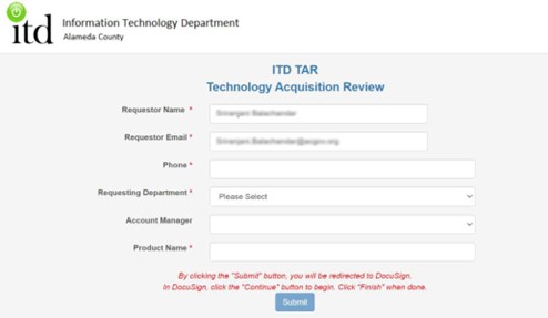 Page to initiate/ submit a TAR form